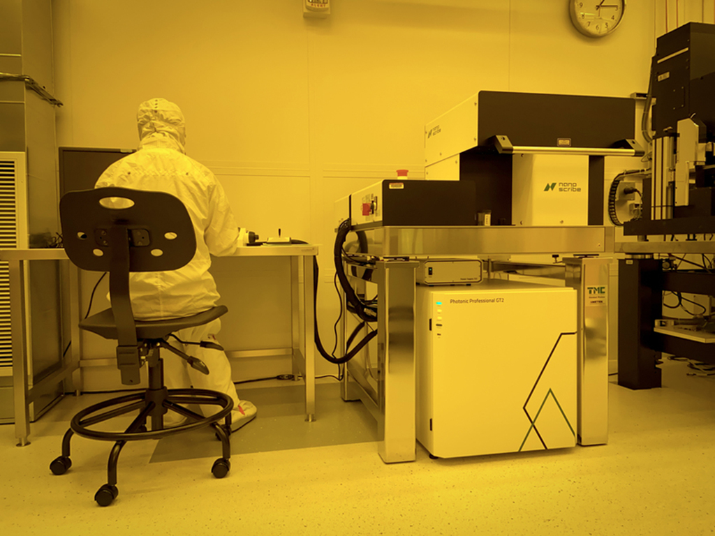 A researcher uses the Nanoscribe GT2, a high-speed, three-dimensional microfabrication instrument, in the soft lithography room at MIT.nano. The GT2 has been installed and qualified in MIT.nano’s third-floor soft lithography space, and is now available fo