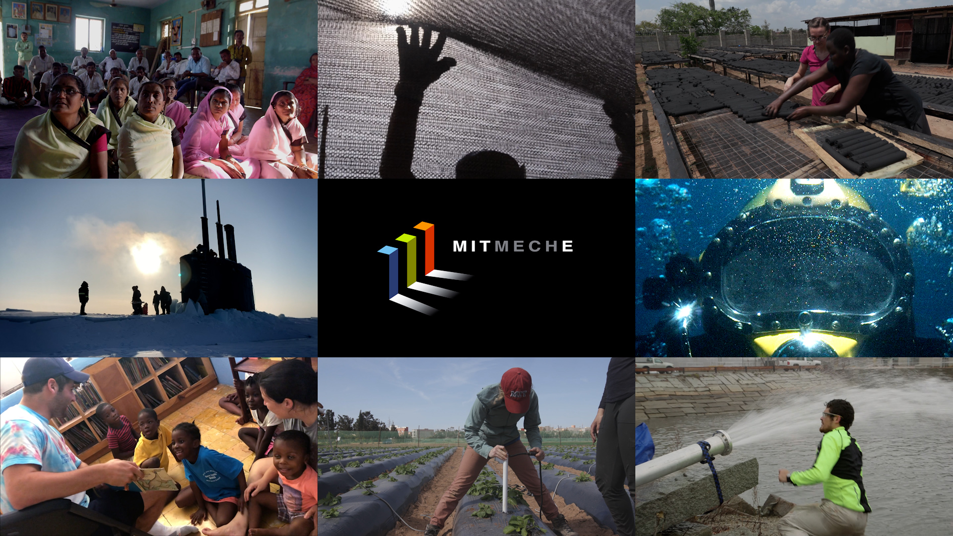 Nine boxes showing various ways that MechE research impacts the world, with MIT MechE logo in middle square.