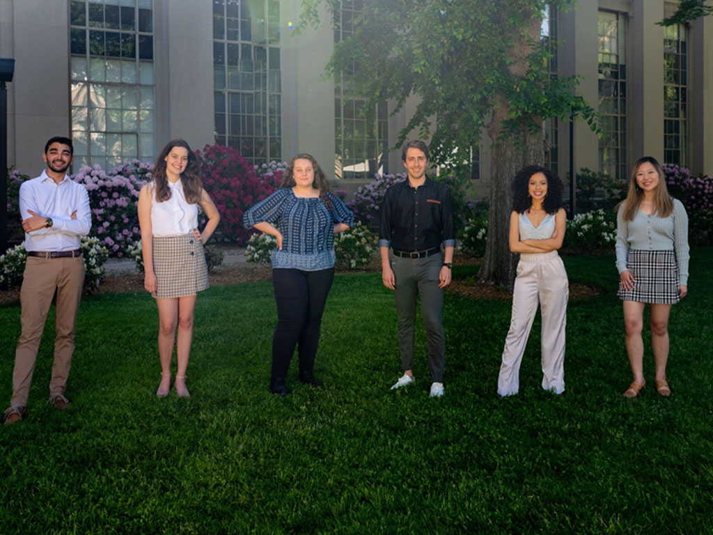 Left to right: Daniel Gonzalez-Diaz, Chloe Nelson-Arzuaga, Leilani Trautman, Berke Saat, Rima Rebei, and Jeana Choi began studying autonomous robotics after entering NEET during their sophomore year at MIT.