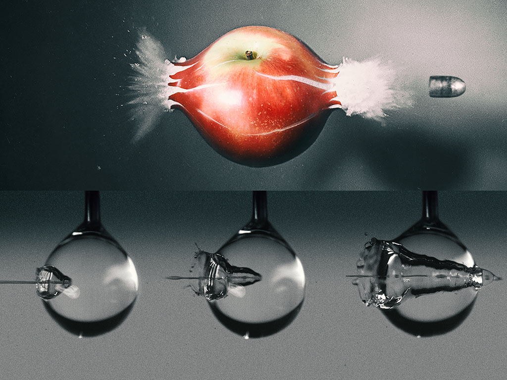 High-speed camera captures a water jet’s splashy impact as it pierces a droplet