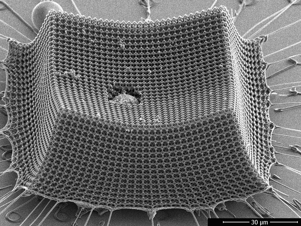 Engineers at MIT, Caltech, and ETH Zürich find “nanoarchitected” materials designed from precisely patterned nanoscale structures (pictured) may be a promising route to lightweight armor, protective coatings, blast shields, and other impact-resistant mate
