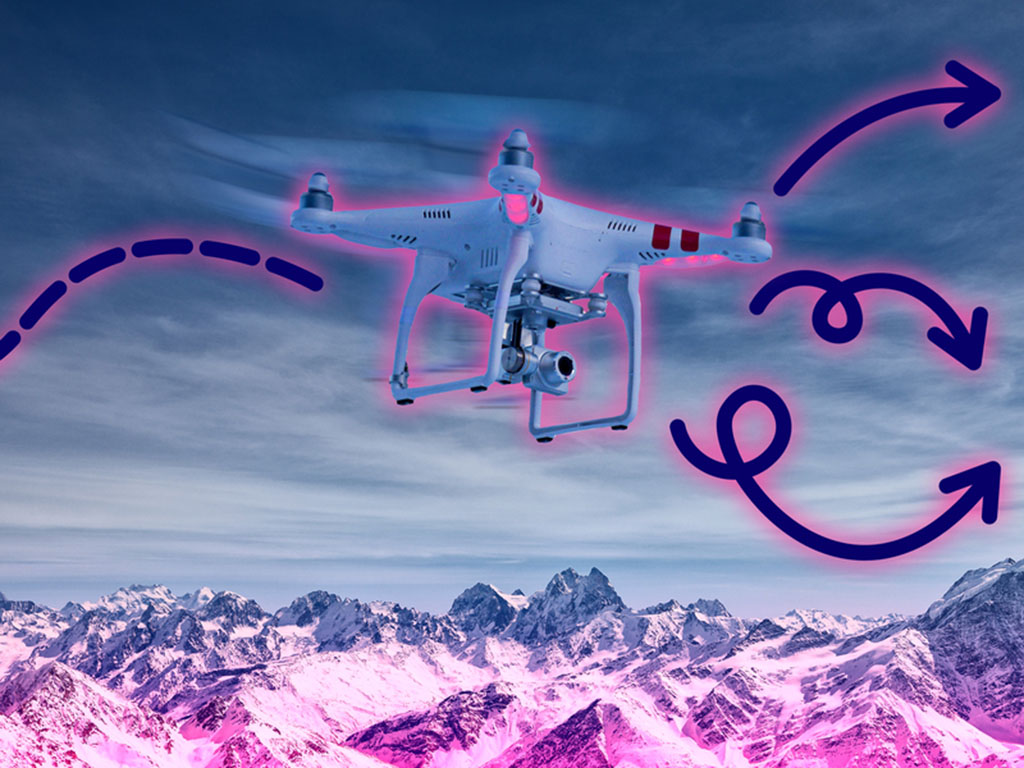 A drone flies over snowy mountains, and glows pink. The drone’s previous path is marked with a dotted line. There are 3 possible trajectories for the drone to take going forward, represented by lines.