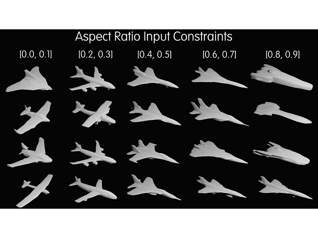 Aircraft models created by a generative adversarial network (GAN) are engineered with precision to meet specific design constraints on fuselage length and wing span. Credit: Courtesy of the Researchers
