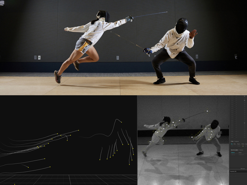 Caption:Two fencers in the MIT.nano Immersion Lab spar with infrared reflective markers on their bodies to track their movements. MIT Assistant Coach Robert Hupp is a recipient of one of three 2022 Immersion Lab Gaming Program seed grants for a project se