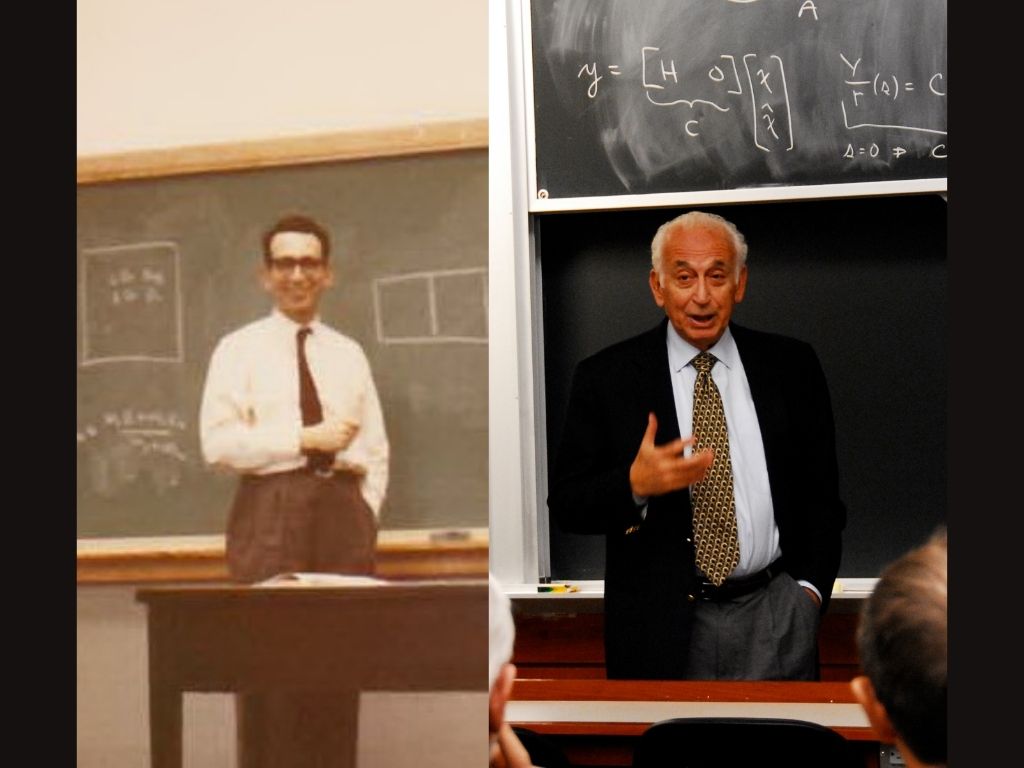Photo Collage showing George Hatsopoulos in two different stages of his life, lecturing at MIT 