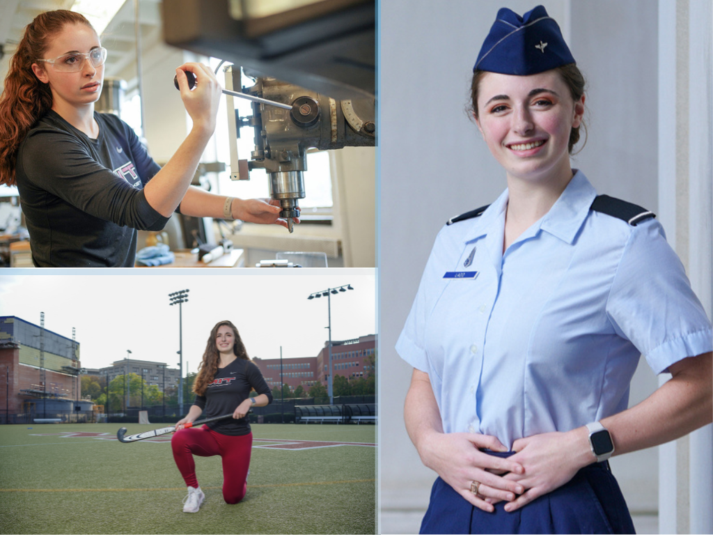 Collage of Liberty Ladd in the lab, on the field hockey field, and in her ROTC outfit