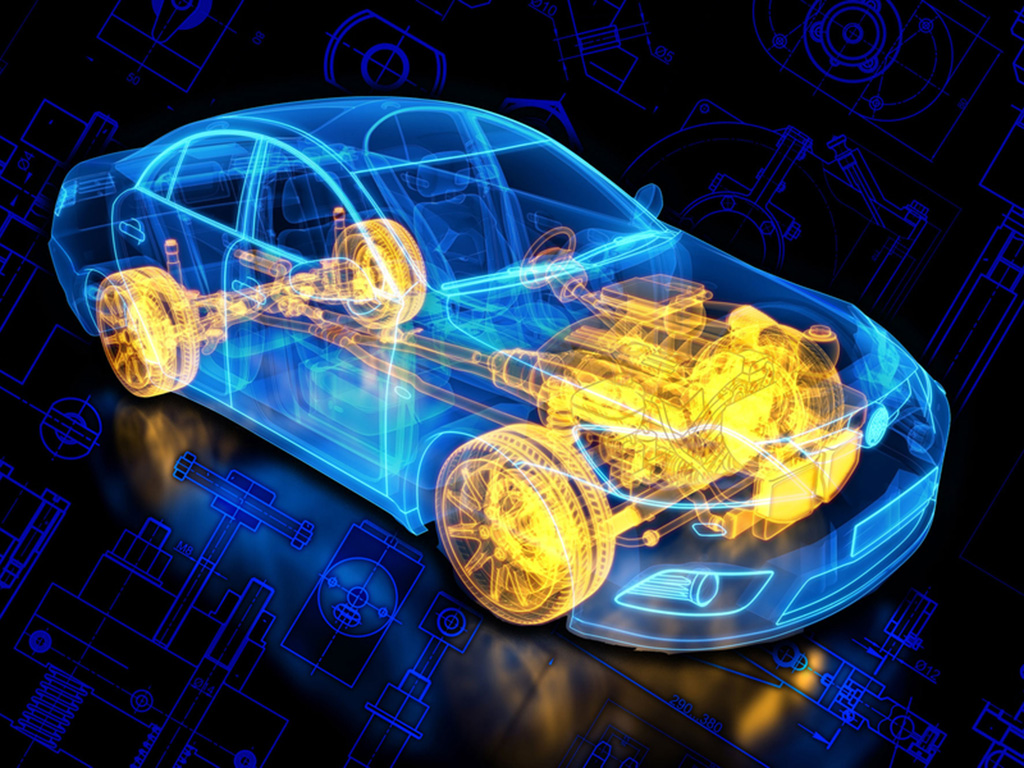 An illustration of a car with internal parts like the engine and breaks illuminated  