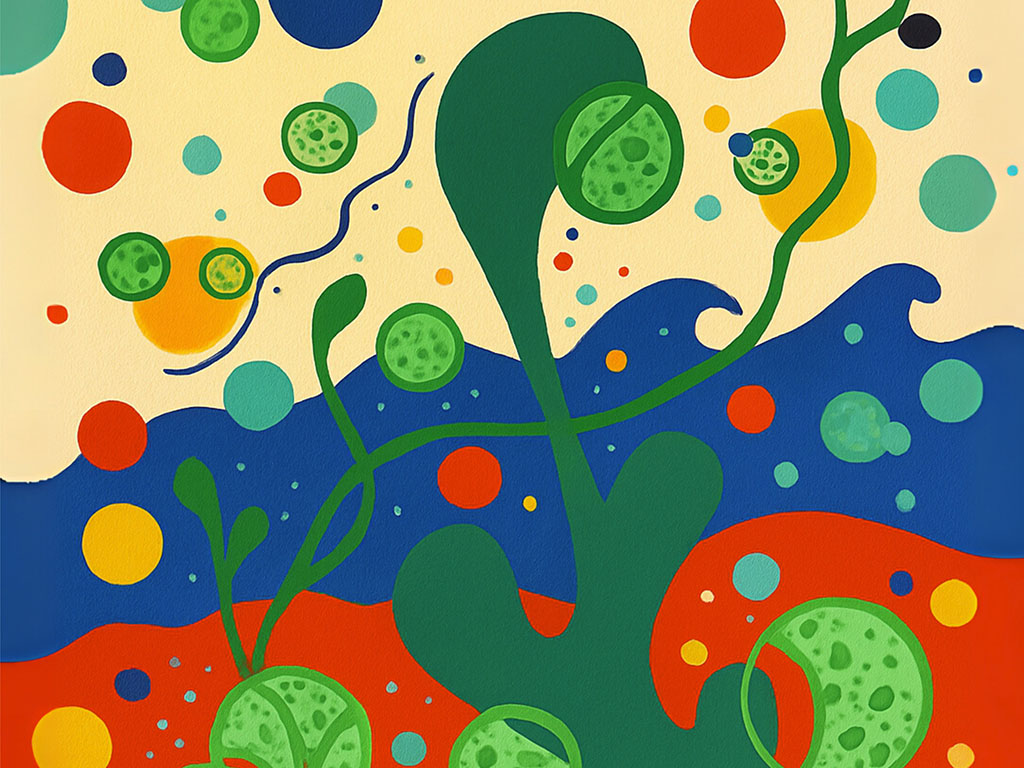 Whimsical painting with algae and bubble motifs