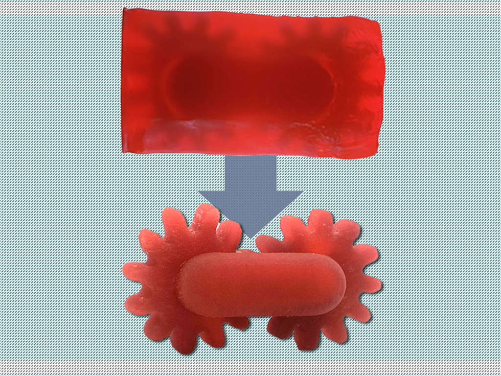Red jelly-like resin rectangle wtih an arrow pointing to two connected red jelly-like resin gears