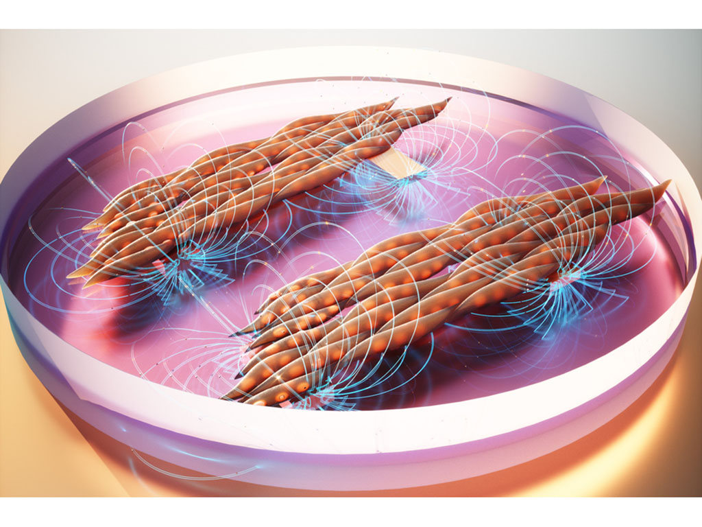 Rendering shows a petri dish with a purple substance on bottom. Inside are two bundles of muscle fibers, brown with orange spots. The bundles have dramatic curved beams of blue energy emerging from below.
