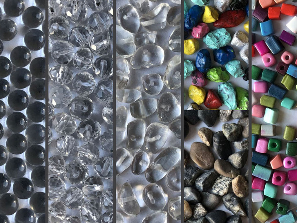 5 vertical photos show granular objects: marbles, glass beads, seaglass, rocks, and plastic beads.