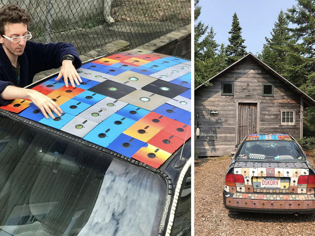 Sam Klein works on replacing the floppy disks on his art car, which can often be seen around the MIT campus sporting a “DSKDRV” license plate.