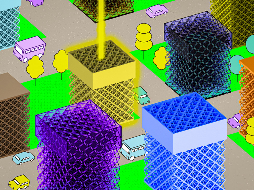 A cute cartoon cityscape has buildings made of metamaterials. The rectangular buildings are composed of intricate lattice-structures that form diamond patterns. One building has a laser beam hitting it, and it glows yellow.