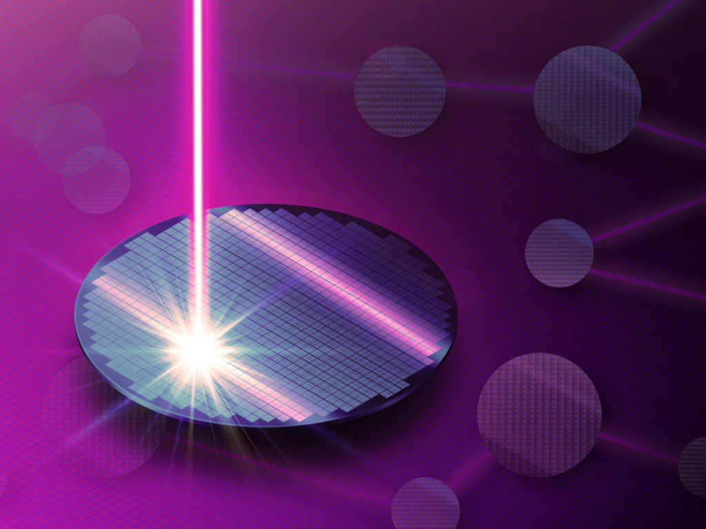A circular optical wafer is hit with a pink laser. In the background is a subtle neural network.