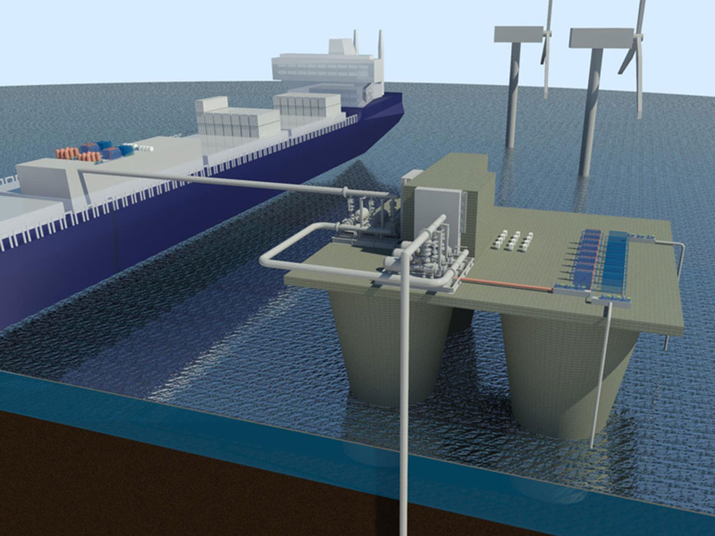 On left, a large ship pumps carbon dioxide via a pipe to the platform on right. The platform has a blue grid-like device to remove the carbon dioxide. The platform also has a pipe going into the ocean floor that allows for carbon dioxide to be pumped unde