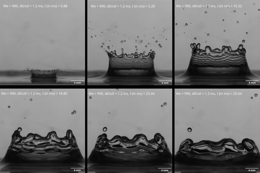 Black and white images of a water droplet splashing into a pool.