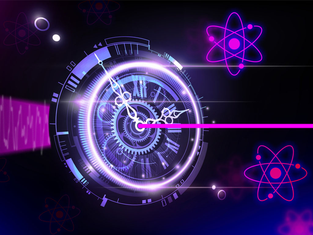 A pink laser beam shoots through a unique glowing clock, which narrows the beam. Atom icons float against the dark background.