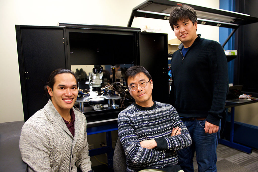 From left: MIT researchers Scott H. Tan, Jeehwan Kim, and Shinhyun Choi 