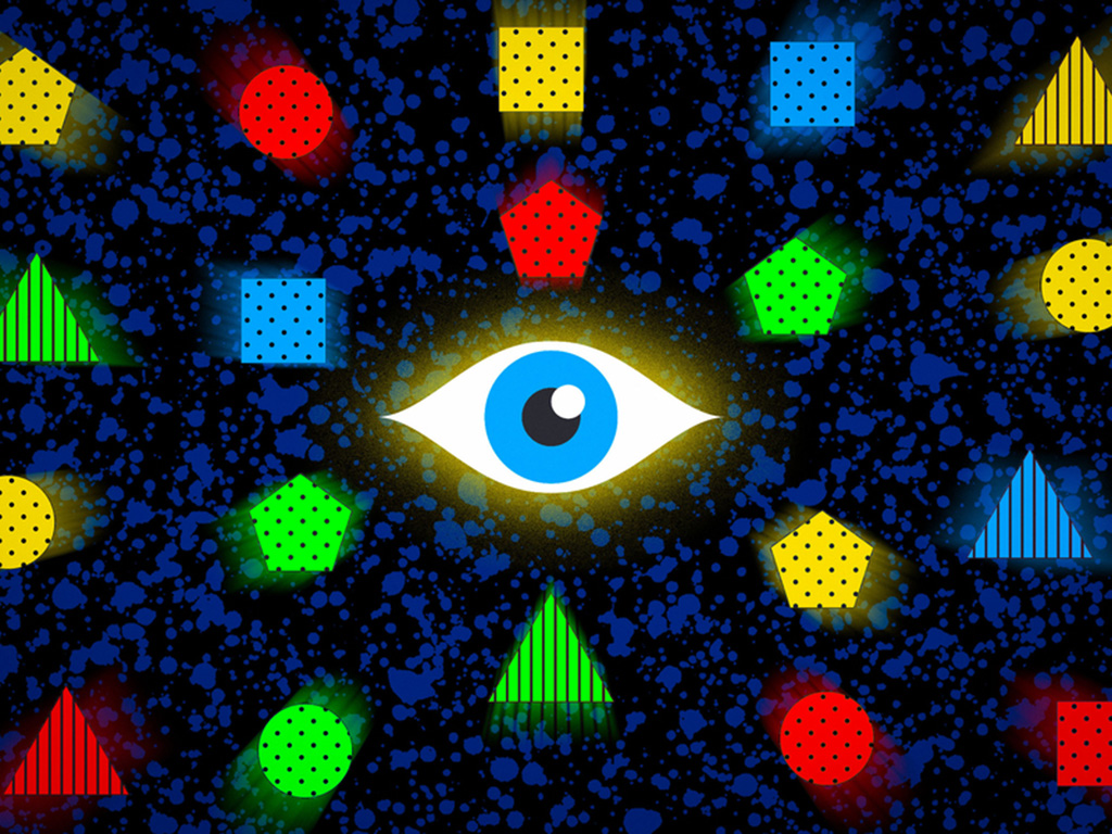 An illustration of an open eye in the center of a screen full of images