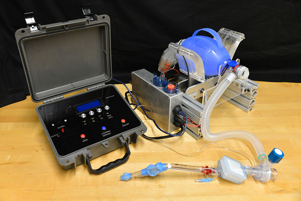 The latest version of the MIT E-Vent team's emergency ventilator design undergoes testing in their lab.