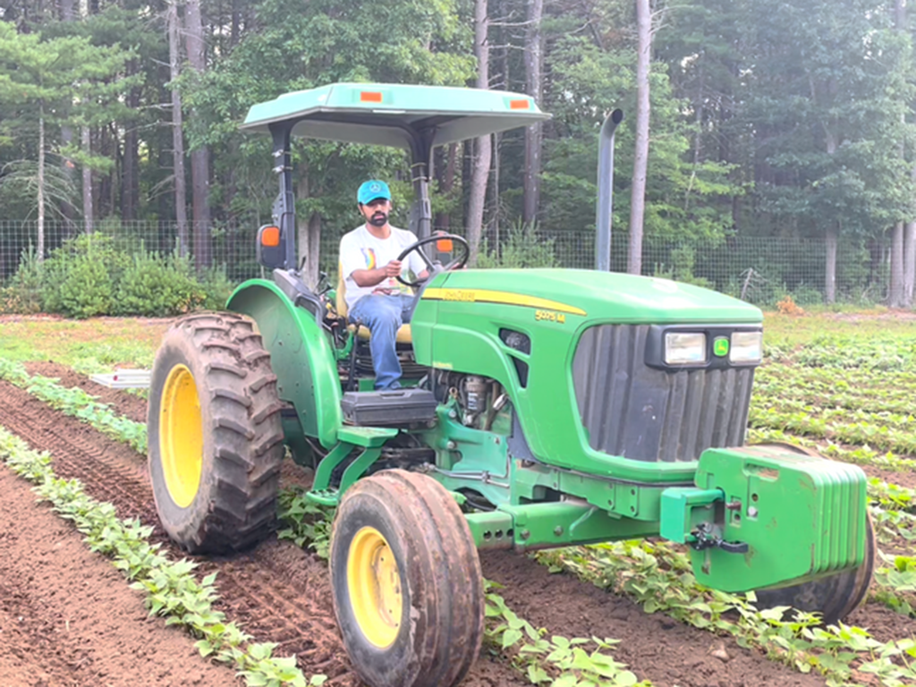 Vishnu Jayaprakash drives a green tractor over young bean plants