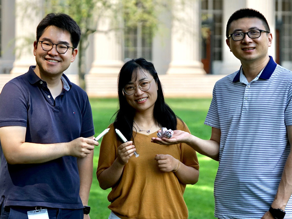 Caption:The research team: Hyunwoo Yuk, Jingjing Wu, and Xuanhe Zhao (from left to right), holding the barnacle shell and the barnacle-glue-inspired hemostatic paste in hands.