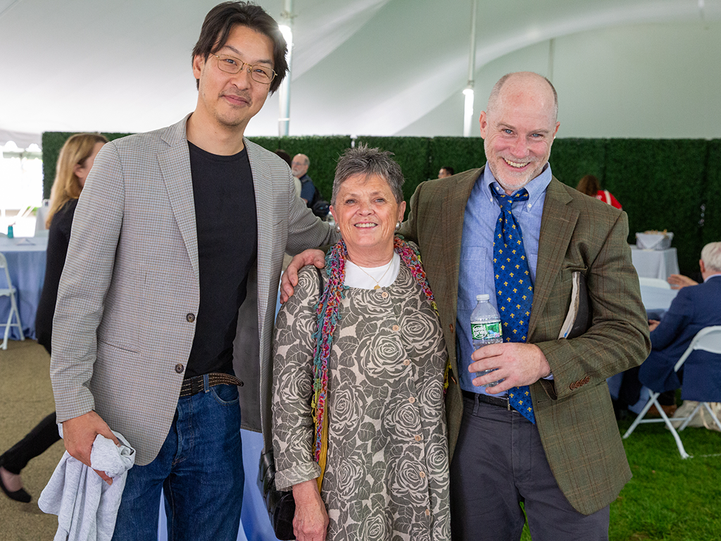 Three people smiling: Professor Sangbae Kim, Leslie Regan, and Senior Lecturer Dr. Danny Braunstein SM ’94, PhD ’98