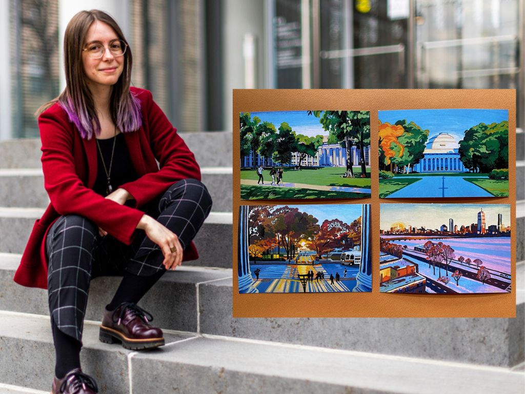 Gazdus sits on the steps of the MIT Media Lab, and her MIT Brass Rat ring is visible Overlaid with another photo of her art work.