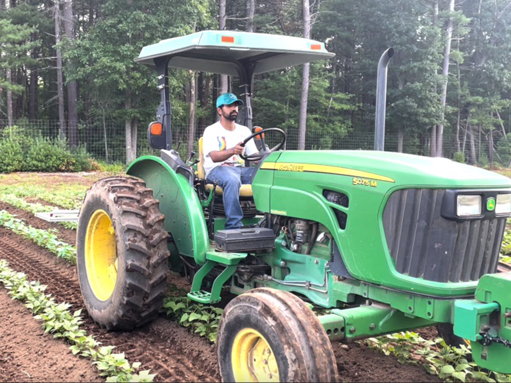 Vishnu Jayaprakash drives a green tractor over young bean plants