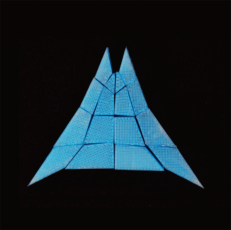 Multiple blue polygonal shapes rearrange themselves from a triangle to a heart shape, against a black background