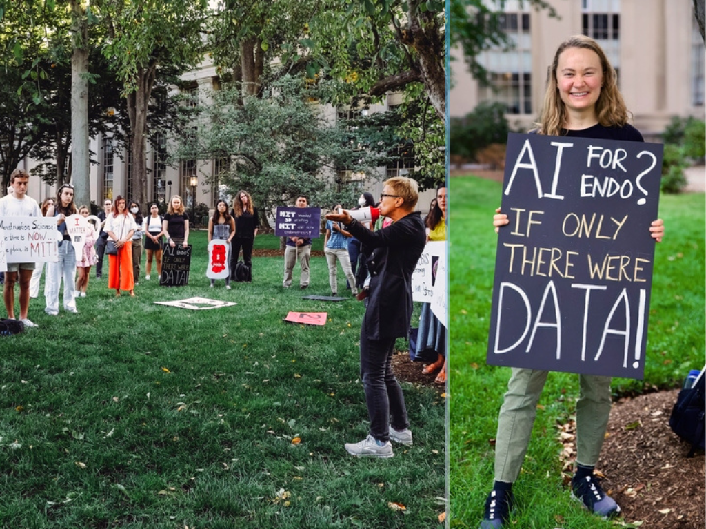 Collage: Img 1: Photo of Linda Griffith with a bullhorn, addressing a semicircle of about 30 rally attendees on a grassy area Img 2: Kira Buttrey stands in a grassy area, holding a painted sign reading "A.I. for endo? If only there were data!"