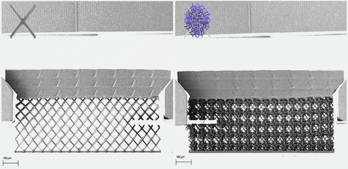 MIT engineers have found a way to fabricate a metamaterial (right) that is both strong and stretchy. The base material (left) is typically rigid and brittle, but when printed in precise intricate patterns it forms a material with exceptional properties. Two images of a woven pattern
