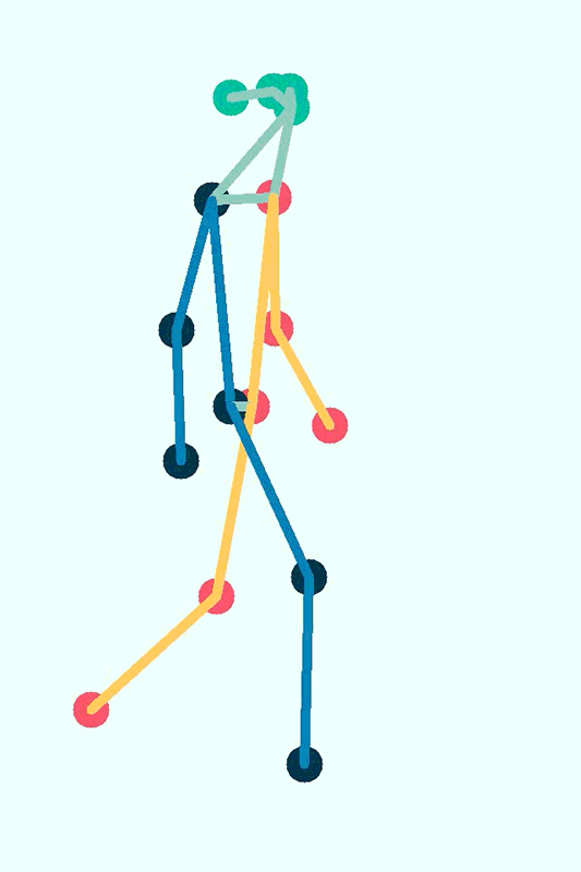 Animation of stick figure walking with human-like movements made of colorful lines and balls for joints.